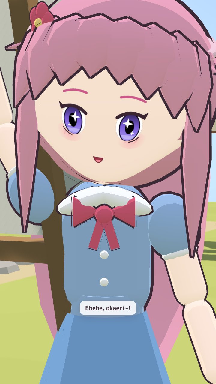 Hana in close-up, smiling and saying “Ehehe, okaeri~!”