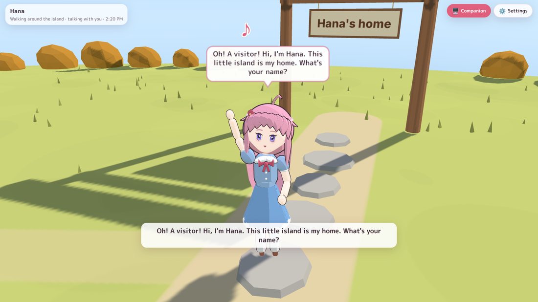 Companion mode: Hana waving with a speech bubble and subtitles