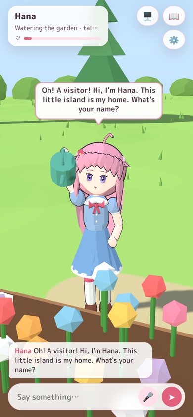 Hana on a phone screen, watering her garden, with the chat box at the bottom