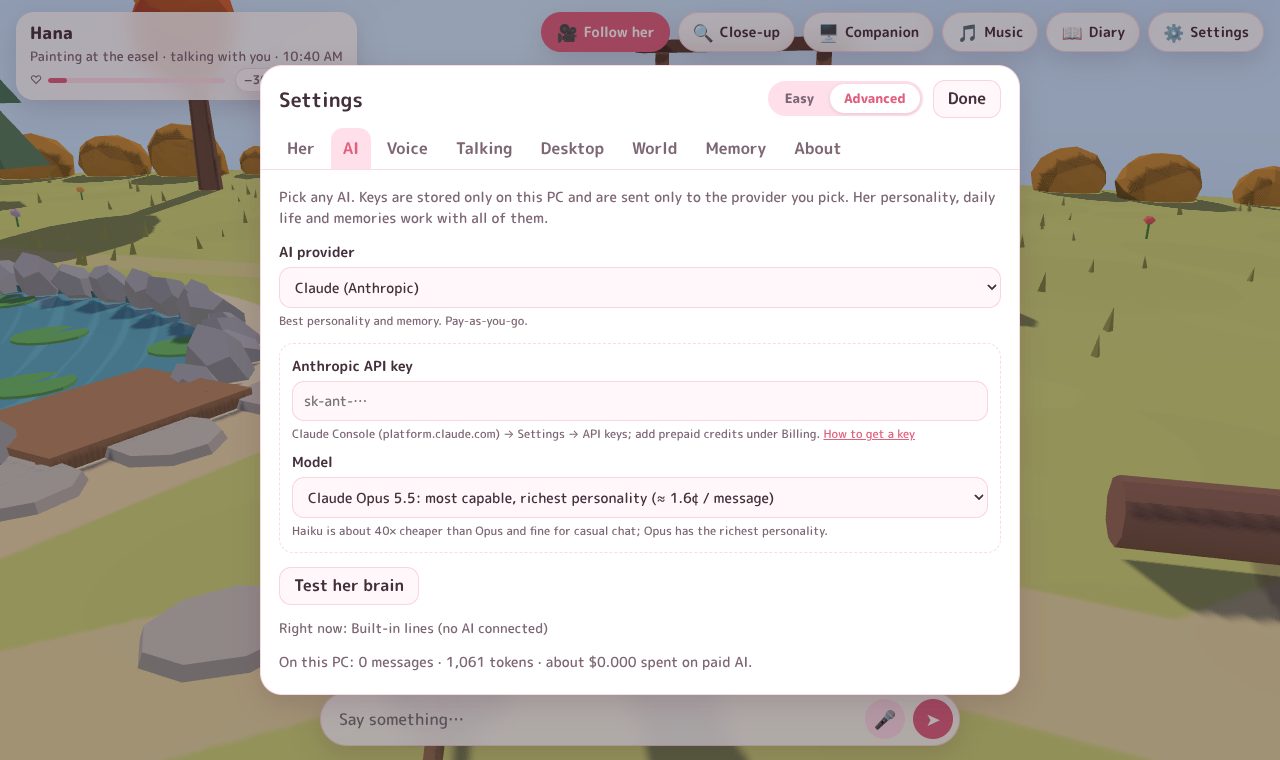 Settings in Advanced mode with Claude (Anthropic) selected as the AI provider