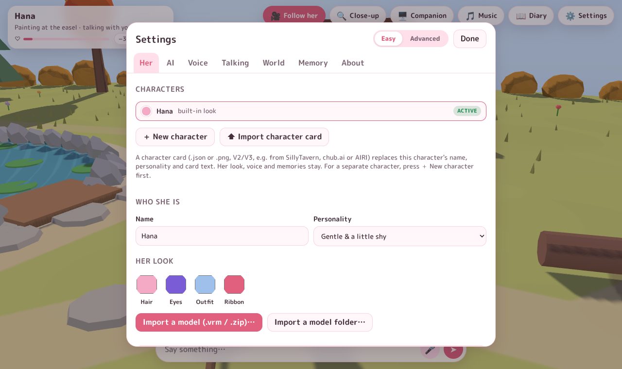 Settings, Her tab: characters, name, personality and her look with color pickers