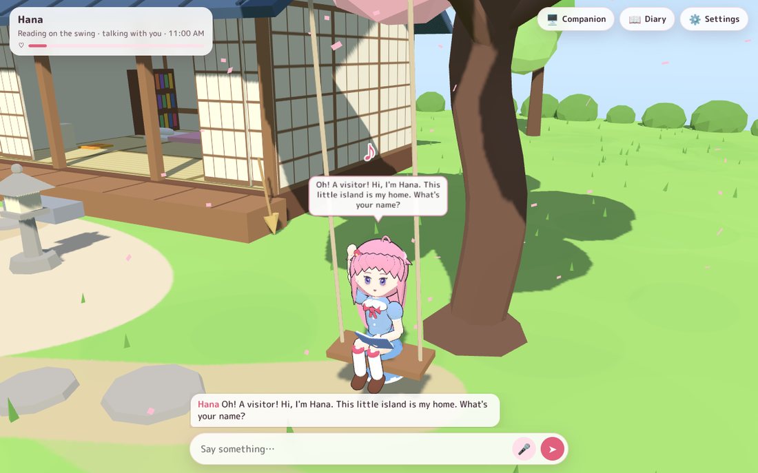 Hana reading on her swing under the blooming sakura tree