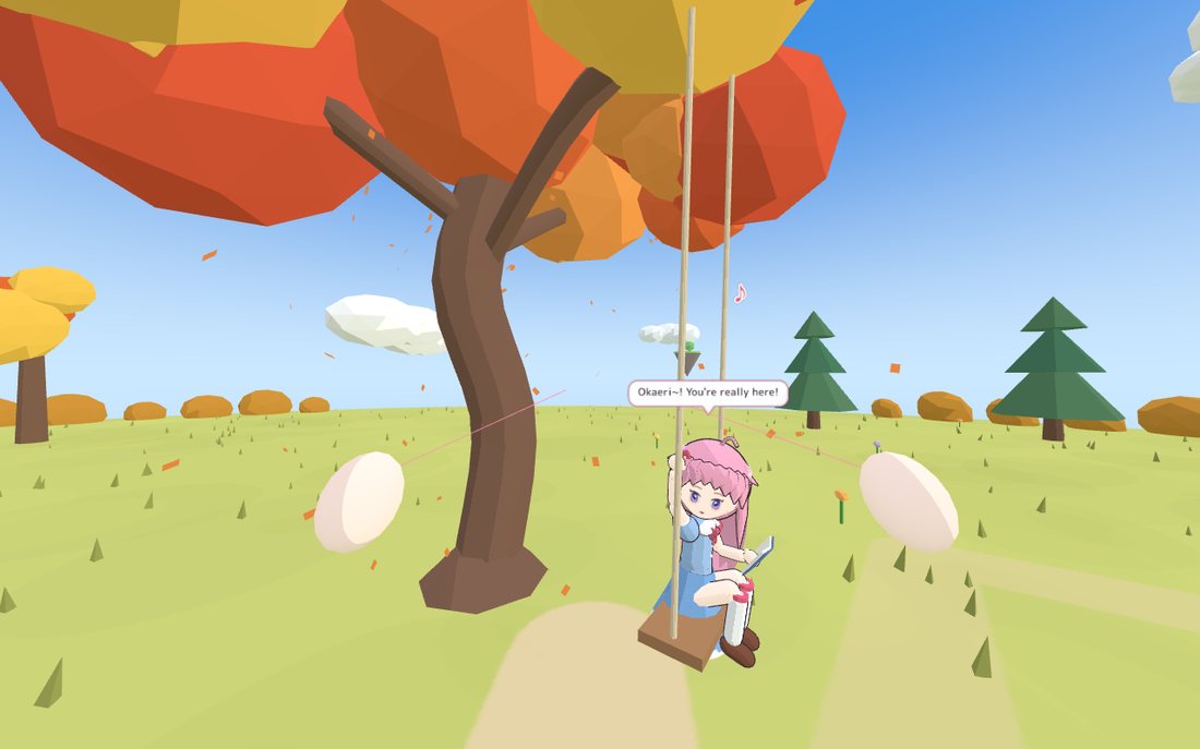 The VR view: Hana on her swing under the autumn tree, waving “Okaeri~! You're really here!”, with both controllers visible