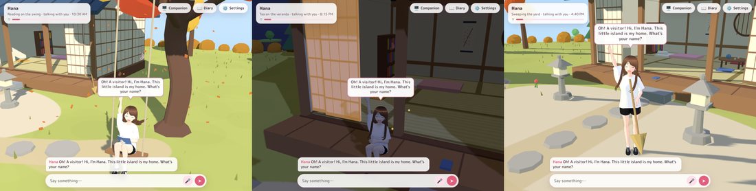 Three views of a VRM avatar living Hana's day: on the swing, on the veranda at night, and sweeping the yard